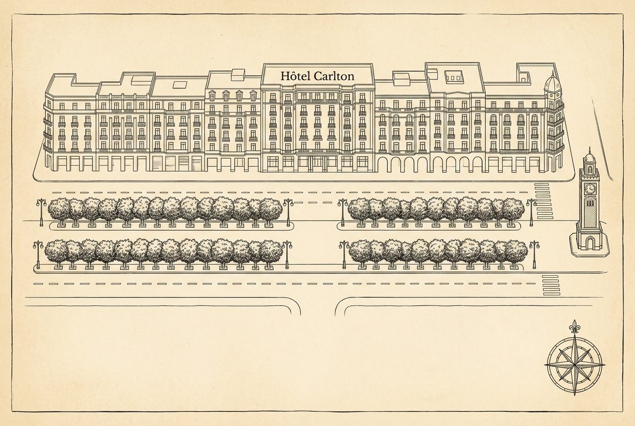 Carte illustrée de l'Avenue Habib Bourguiba — Hôtel Carlton et Tour de l'Horloge